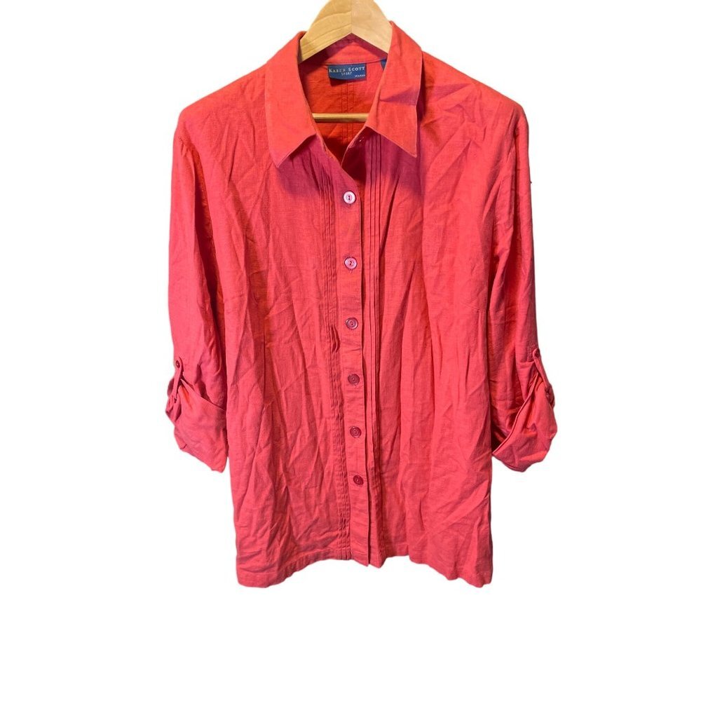 Karen Scott Dark Pink Roll Tab Sleeve Button Up Blouse Top Sz 2X
